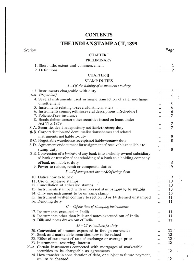Act Indian Stamp Act 1899-Index | PDF | Negotiable Instrument | Insurance