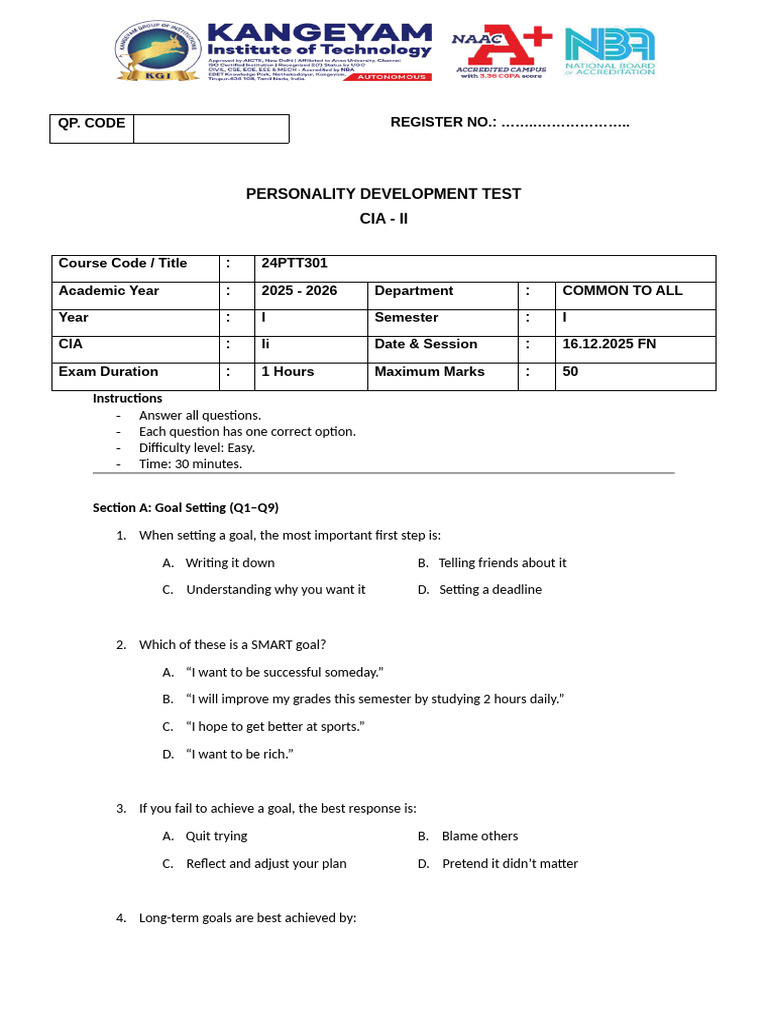 Personality Development Test - IsT YEARS | PDF | Goal Setting | Cognition