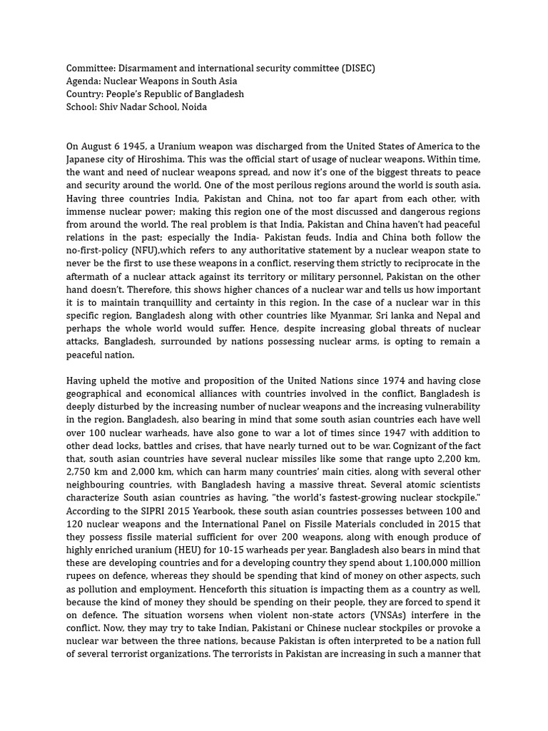 Position Paper (DISEC) - Delegate of Bangladesh | PDF | Nuclear Weapons ...