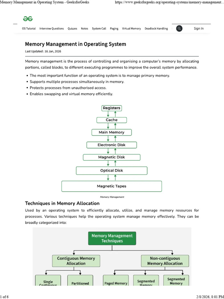 Memory Management in Operating System | PDF