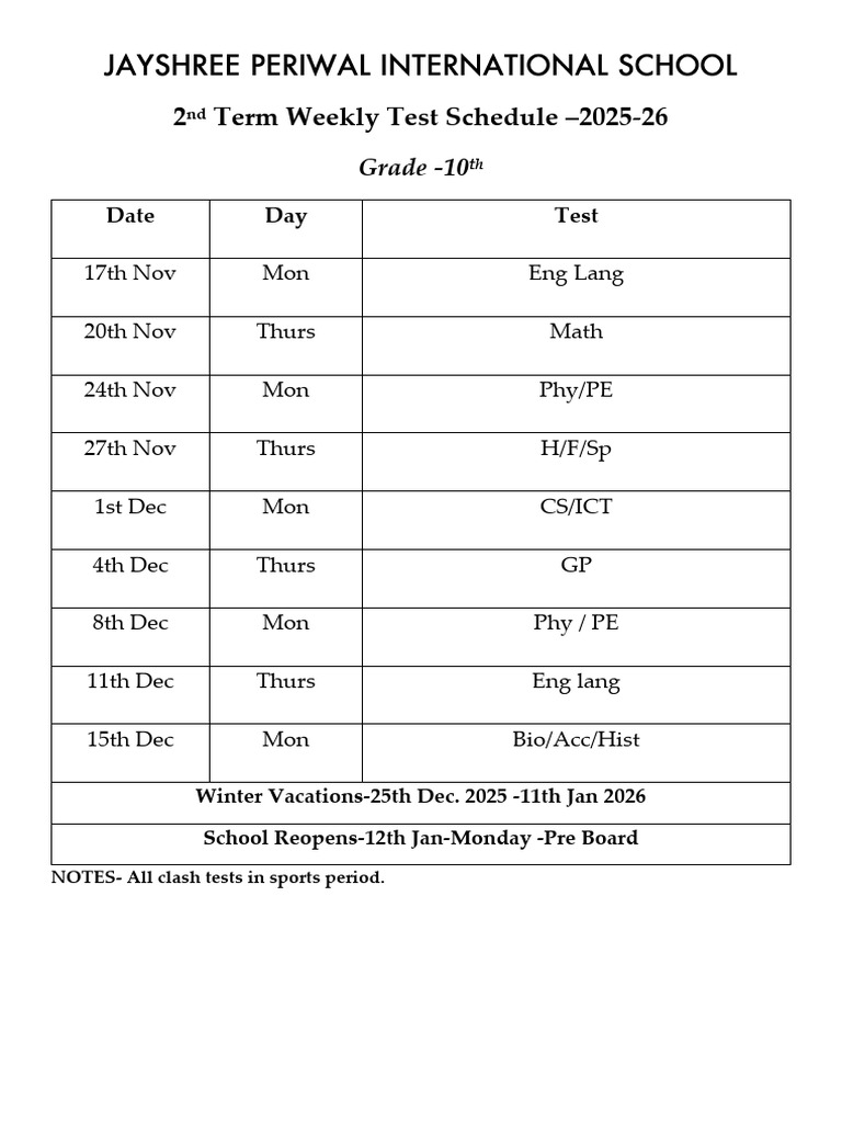 Gr. - 10lth - 2nd Term Weekly Test Schedule - 2025-26 | PDF