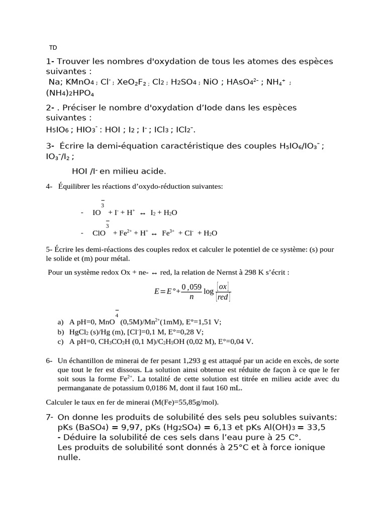 TD Chimie Des Solutions | PDF | Réaction d'oxydoréduction | Fer