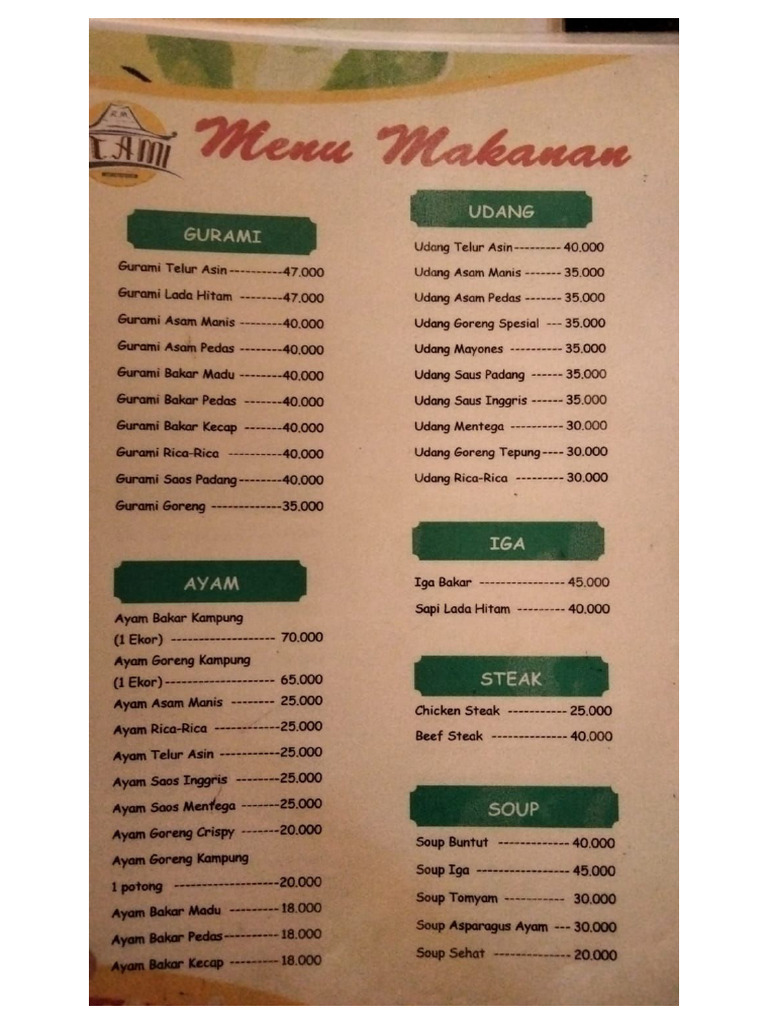 Menu Makanan Dan Minuman RM Utami | PDF