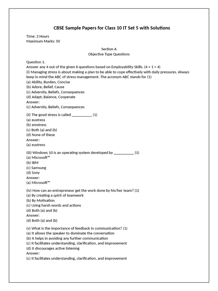 CBSE Sample Papers For Class 10 IT Set 5 With Solutions | PDF