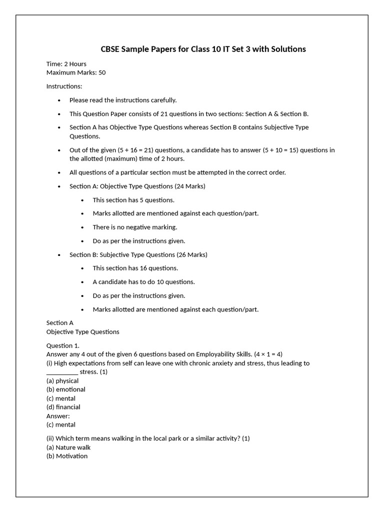 CBSE Sample Papers For Class 10 IT Set 3 With Solutions | PDF ...