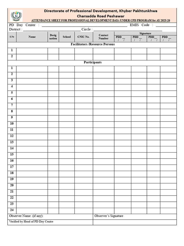 PDD Attendance Sheet 2025-26 | PDF