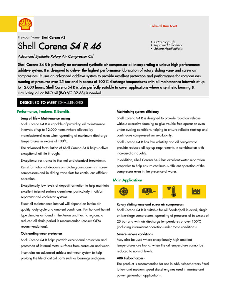 Gpcdoc Gtds Shell Corena s4 r 46 (en) Tds | PDF | Viscosity | Bearing ...