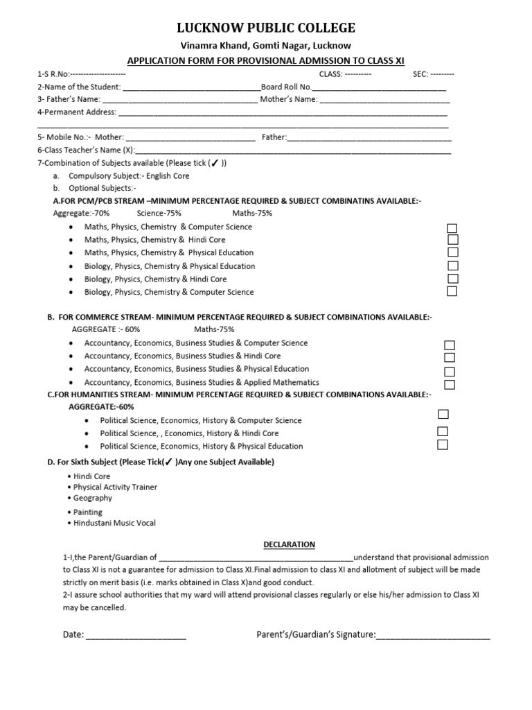 Application Form For Provisional Admission Xi 2026-27 | PDF