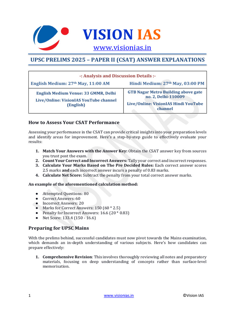 VisionIAS - UPSC CSAT Question Paper 2025 With Answer Key | PDF ...