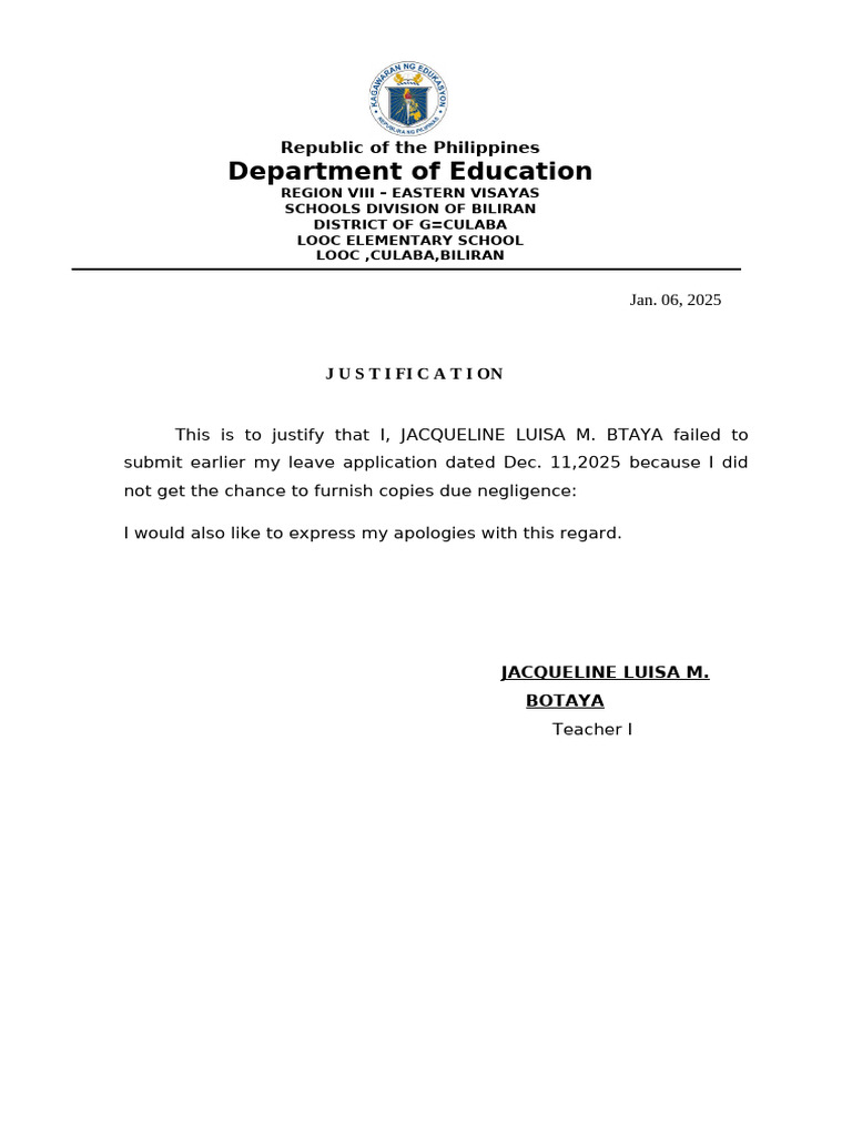 Justification Sample Format Late Submission of Form 6 | PDF ...