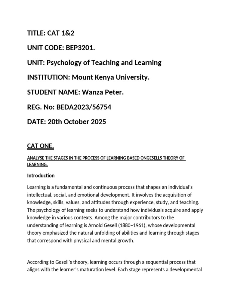 Psychology of Teaching CAT 1 | PDF | Learning | Educational Assessment
