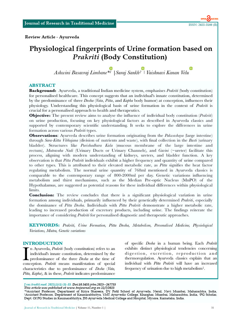 Physiological Fingerprints of Urine Formation Based On Prakriti | PDF ...