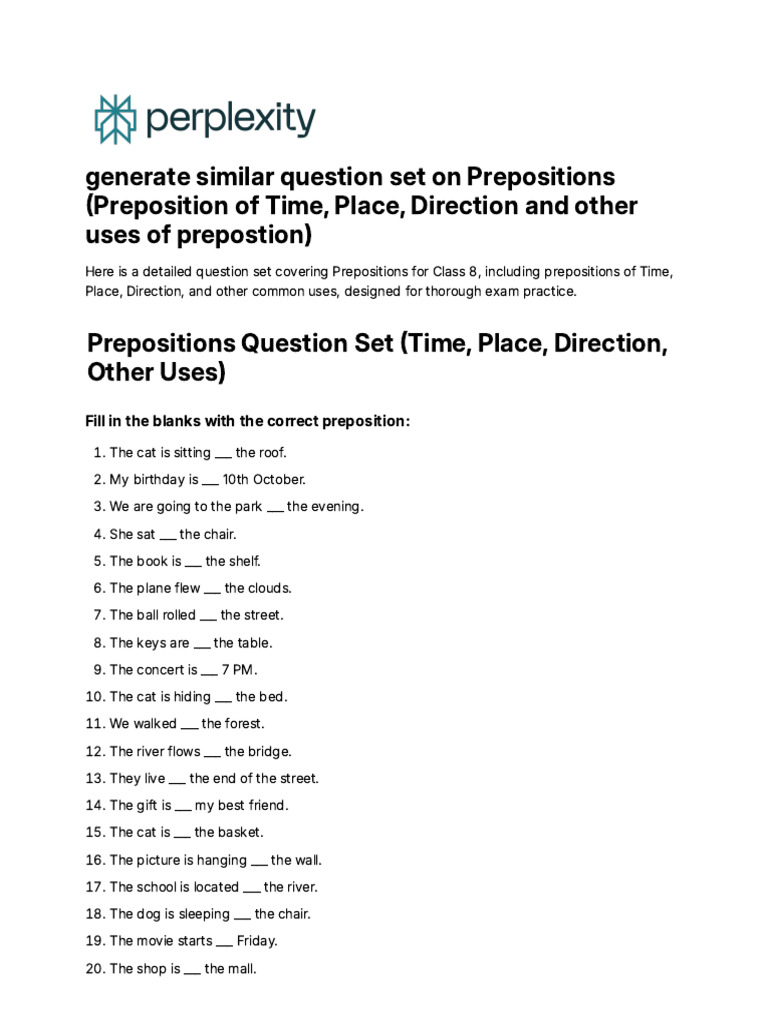Generate Similar Question Set on Prepositions (Pre | PDF