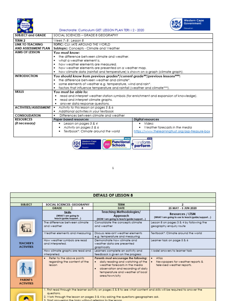 Lesson Plan GET SP Grade 8 Social Sciences Geography Term 2 Week 8 ...