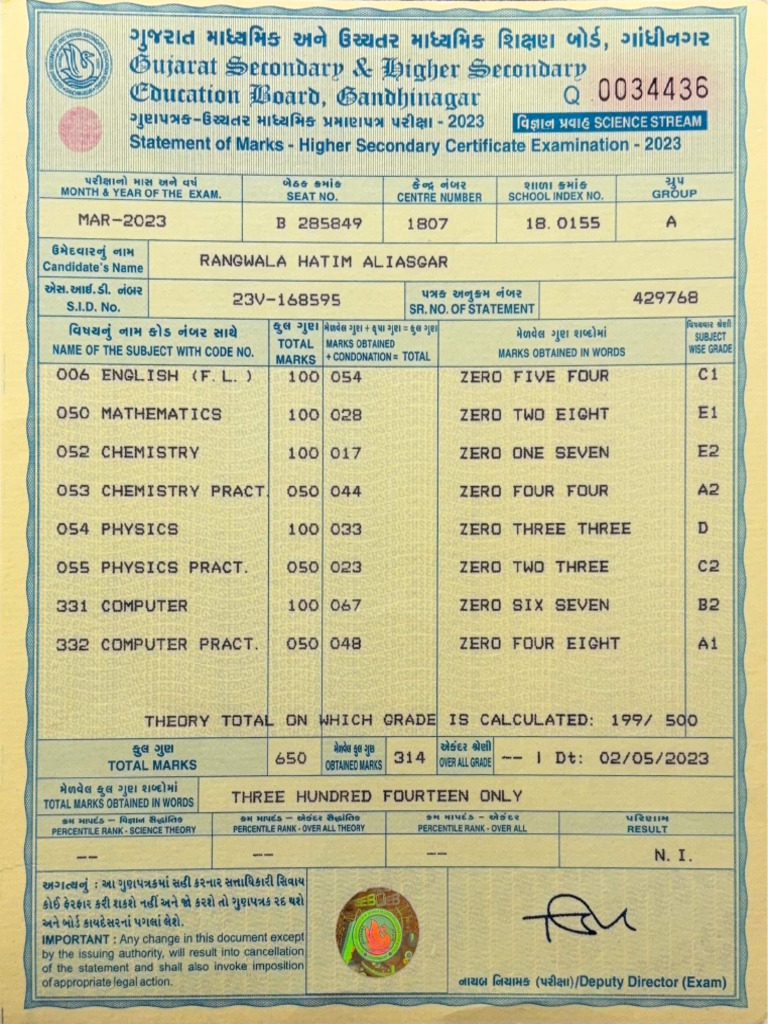 12th Marksheet Compressed | PDF