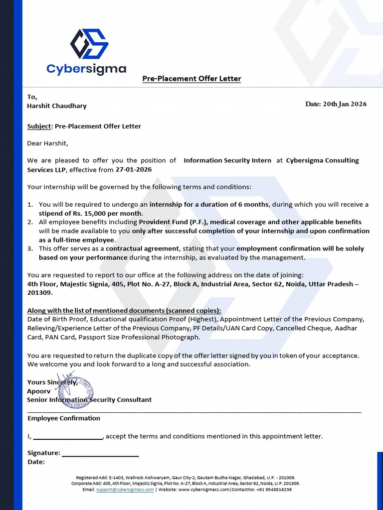Pre Placement Offer Letter Harshit - Chaudhary | PDF