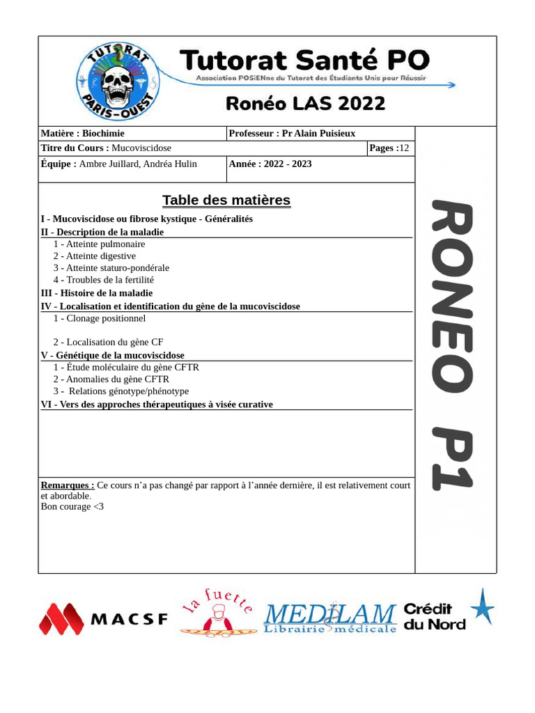 Ronéo Mucoviscidose LAS 2022-2023 | PDF | Maladies et troubles humains ...