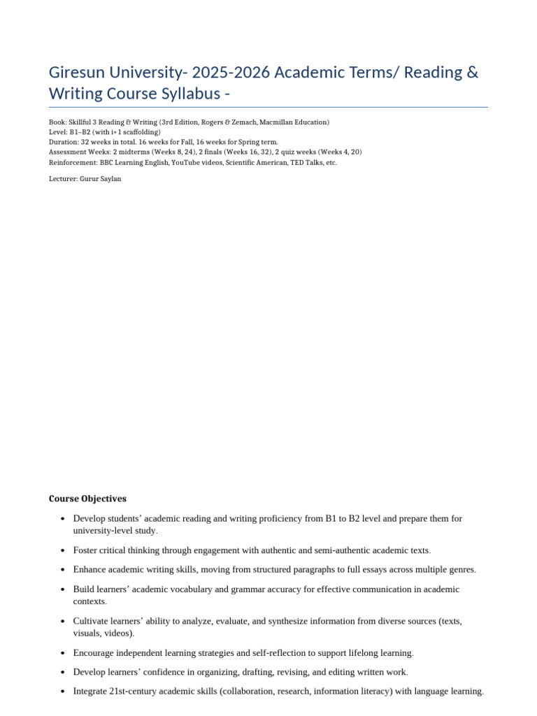 Reading Writing Syllabus | PDF | Essays | Vocabulary