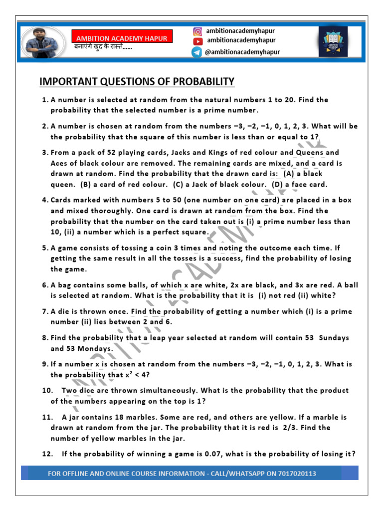 Important Questions of Probability by Ambition Academy Hapur | PDF ...
