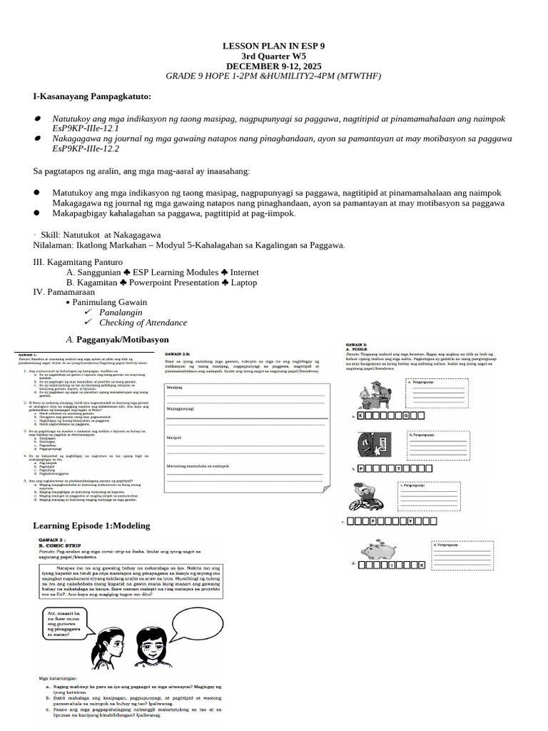 Q3-Lesson Plan in Esp 9 Week 5 - Dec.9-12 | PDF