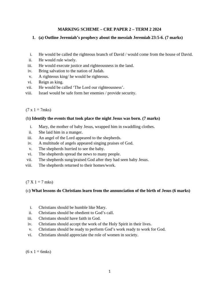 C.R.E. Paper 2 Marking Scheme | PDF | Jesus | Prophecy