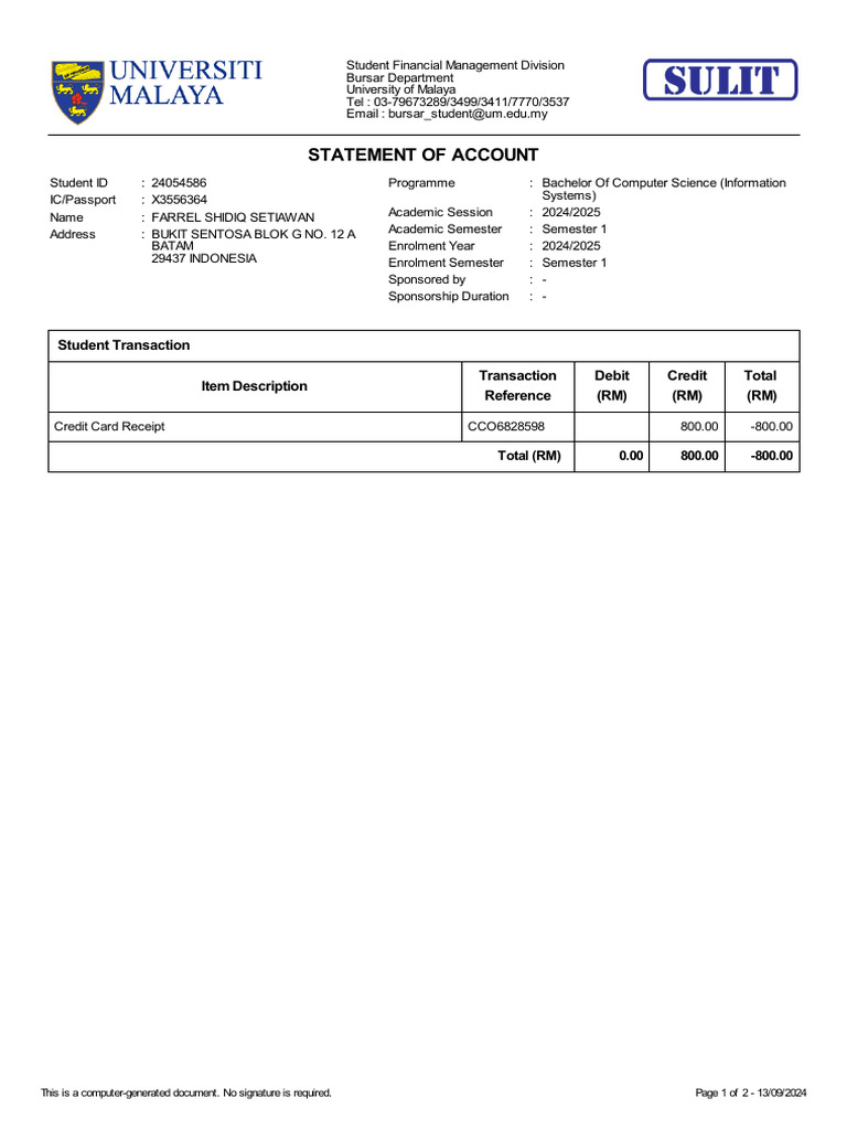Statement of Account: Student Transaction Transaction Reference Debit ...