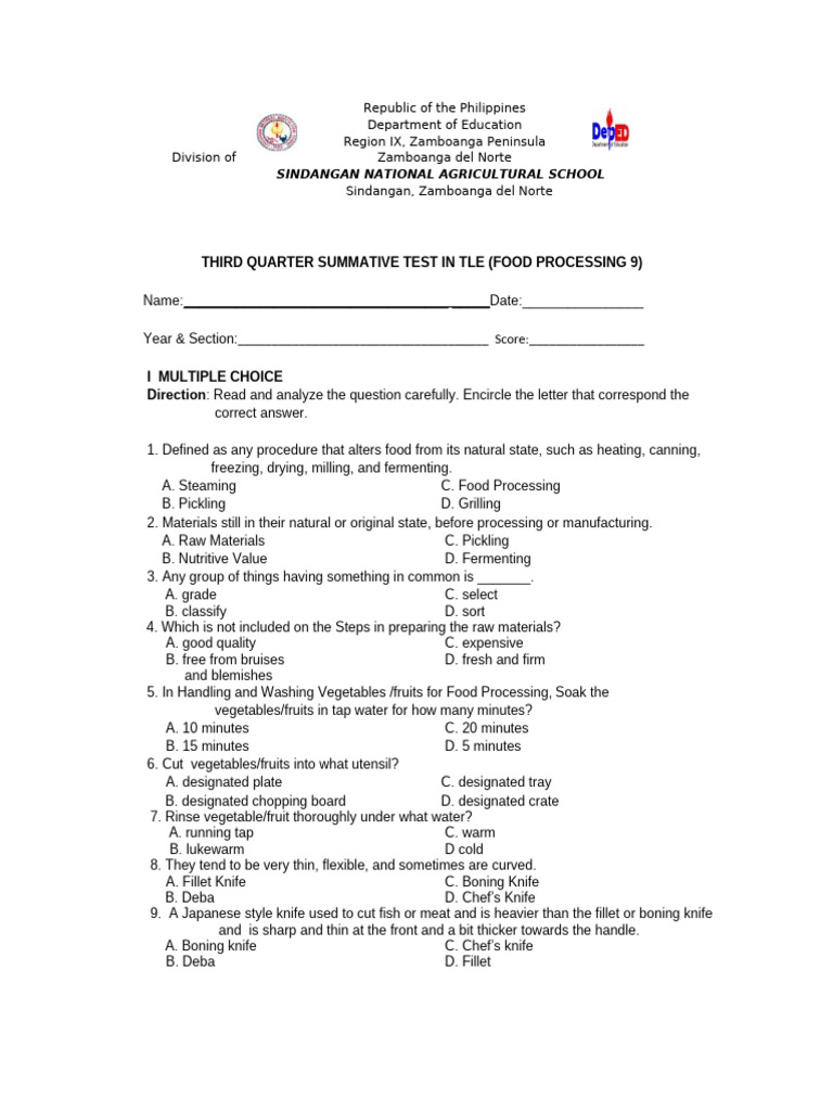 3rd Q Test Questions, Food Processing 9 | PDF | Vegetables | Food ...