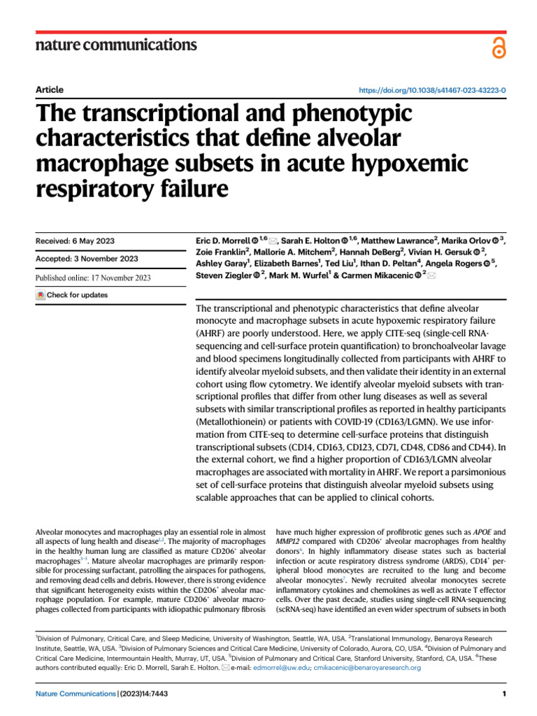 The Transcriptional and Phenotypic Characteristics That Define Alveolar ...