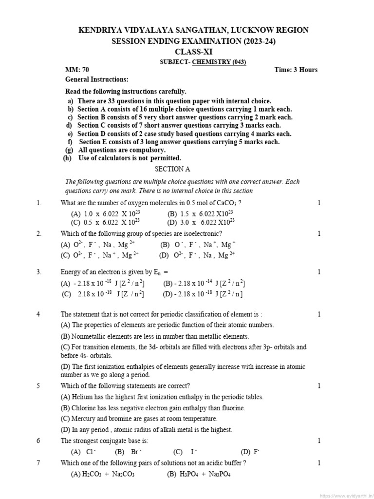 Cbse Class 11 Chemistry Final Term Question Paper 2023 24 | PDF | Mole ...