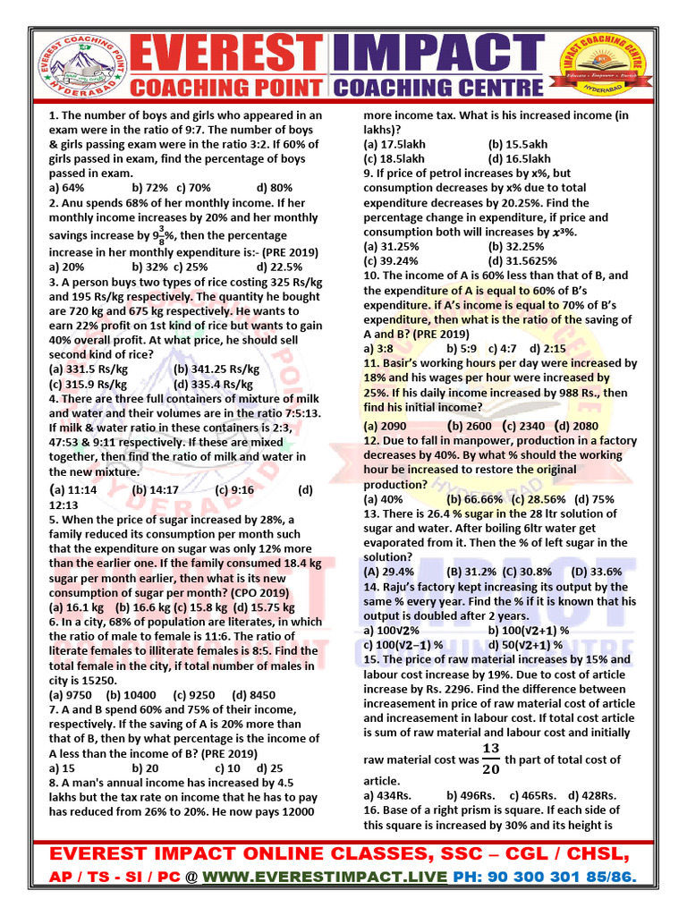 Percentages Practice Sheet - 1 | PDF | Consumption (Economics) | Income