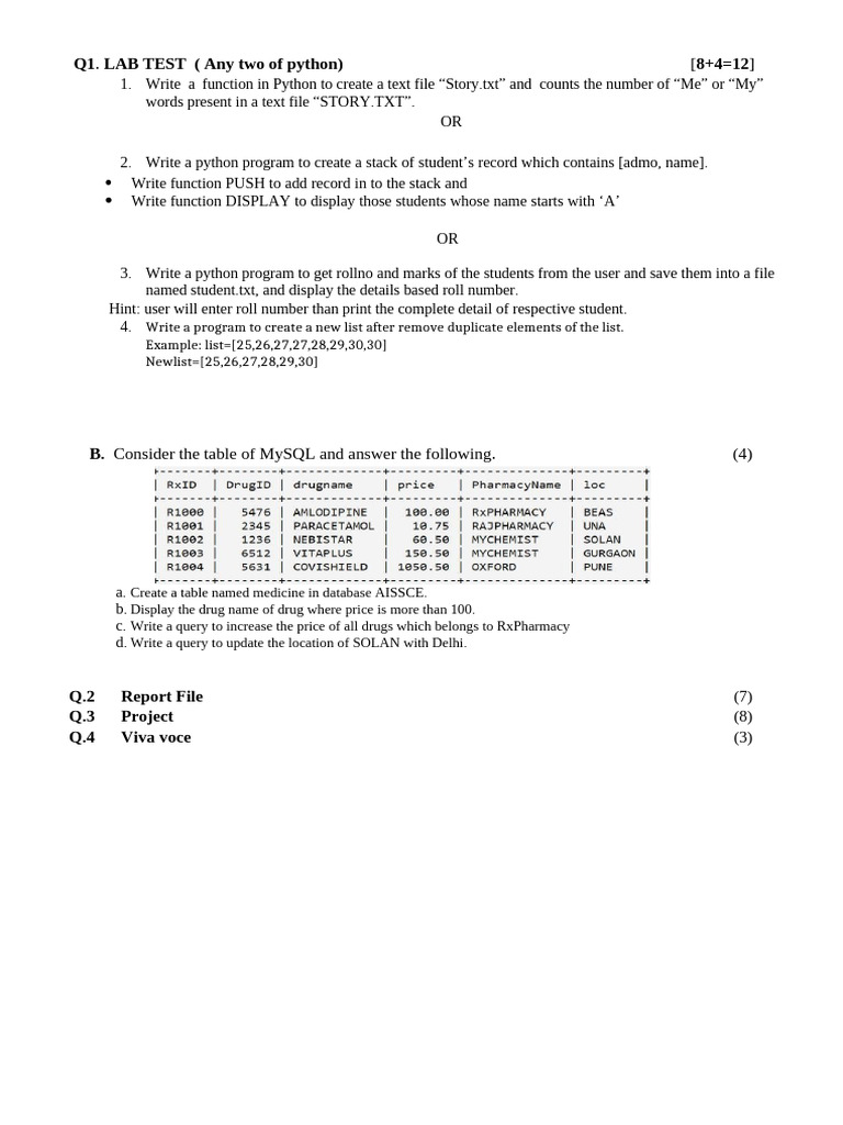 Q1 LAB TEST (Any Two of Python) 8+4 12 | PDF