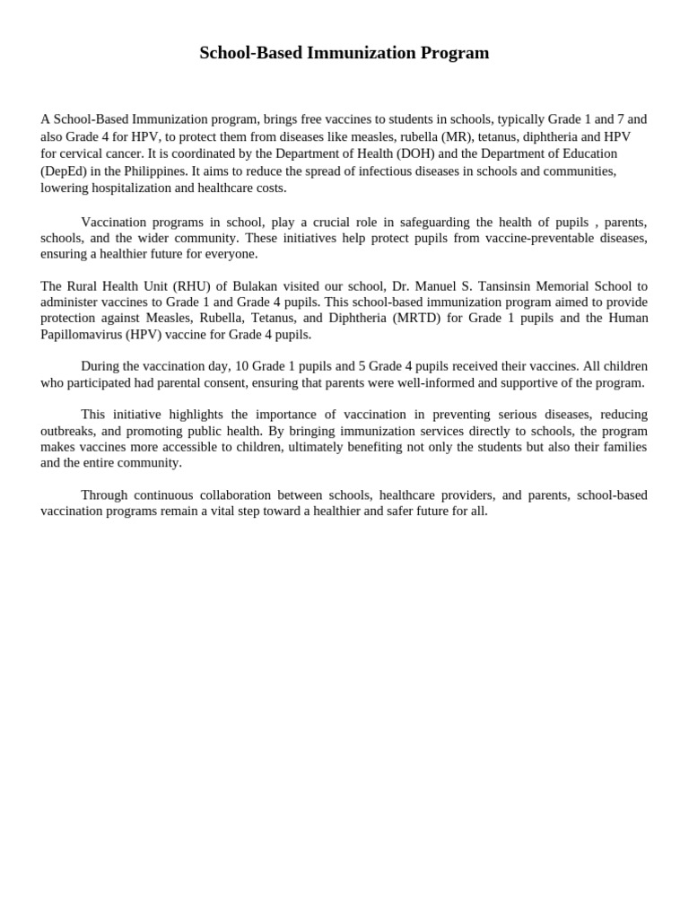 School Based Immunization Program | PDF