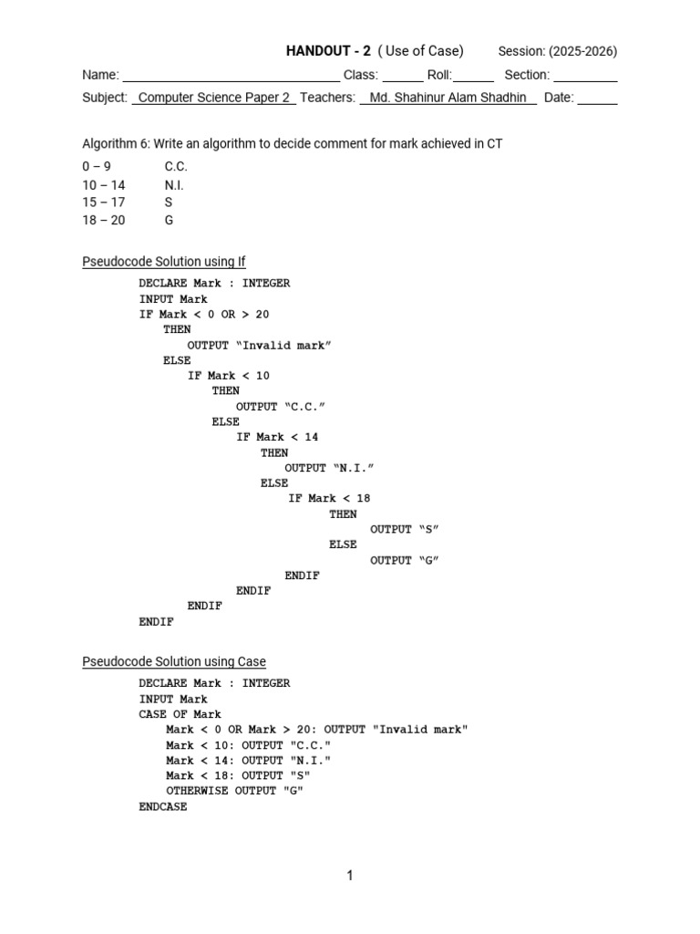 Class IX Computer Science P2 Handout 2 Selection - Use of Case | PDF