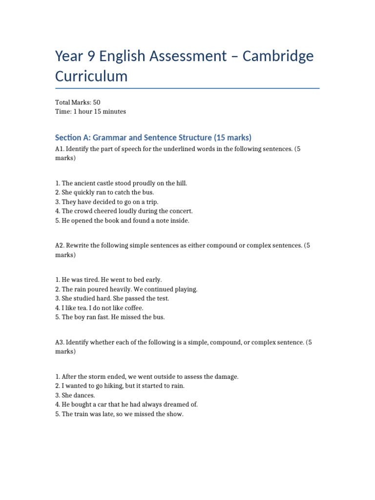 Year 9 English Assessment Cambridge | PDF | Part Of Speech | Linguistics