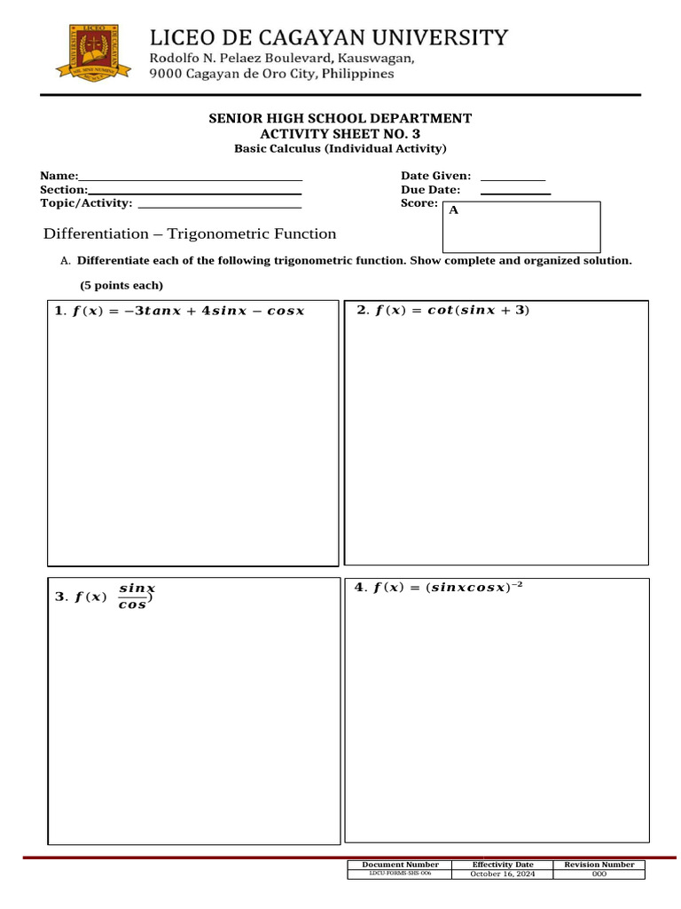 Worksheet 3- Derivative of Trigonometric Function | PDF