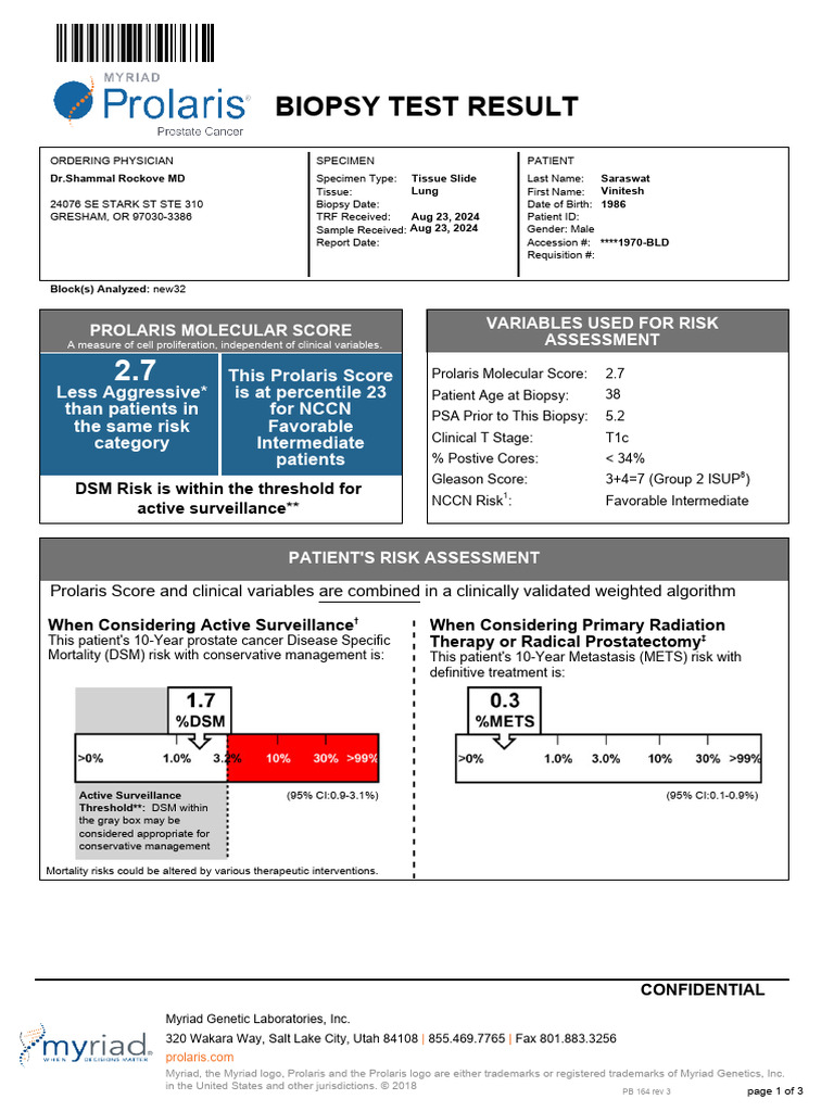 Prolaris Test Report Vinitesh Saraswat | PDF | Biopsy | Oncology