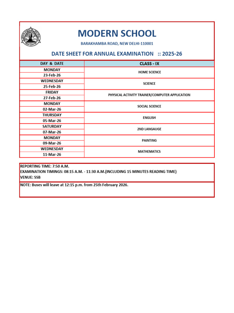 Date Sheet For Class Ix Annual Examination-2025-26 | PDF