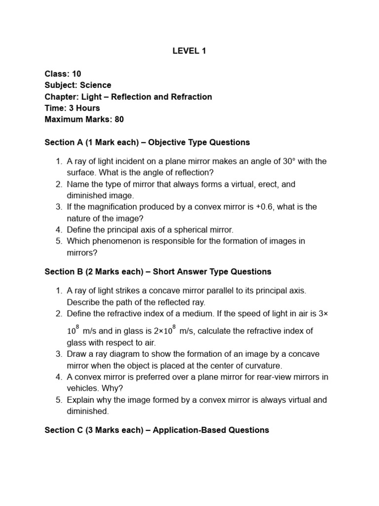 LEVEL 1 CLASS 10 Assignment | PDF | Mirror | Light