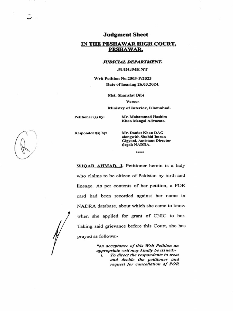 WP 2503-P of 2023 MST Sharafat Bibi Vs Ministry of Interior Pakistan ...