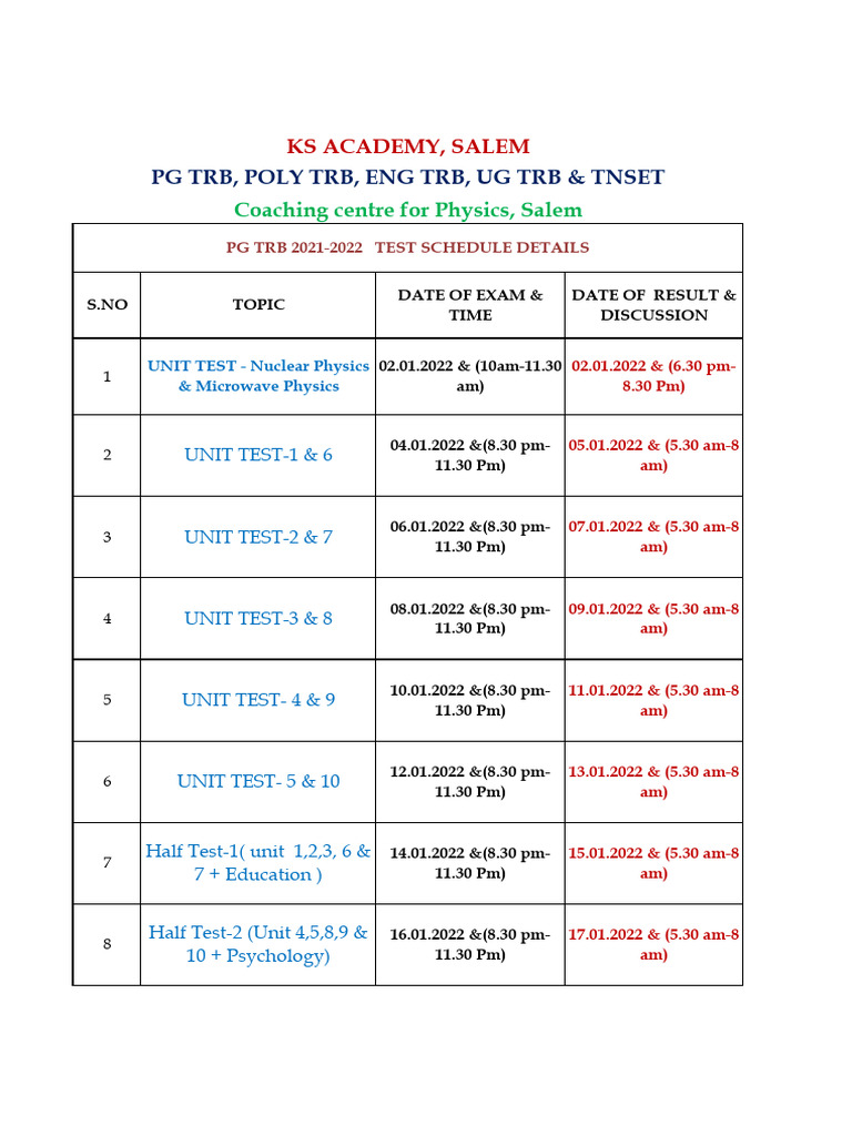 PG TRB Test Schedule 2022 - 2362550f Fb4b 4afb 8ba3 f827b3121bd2 | PDF