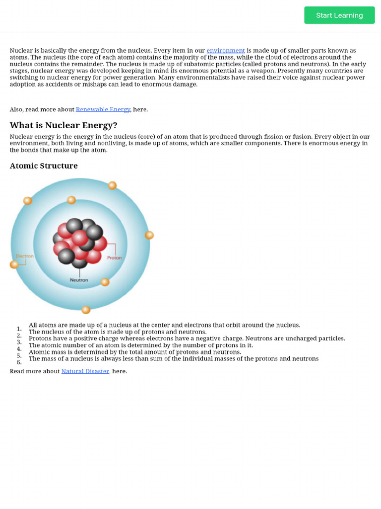 Nuclear Energy - Definition, Atomic Structure, Types, and Power | PDF