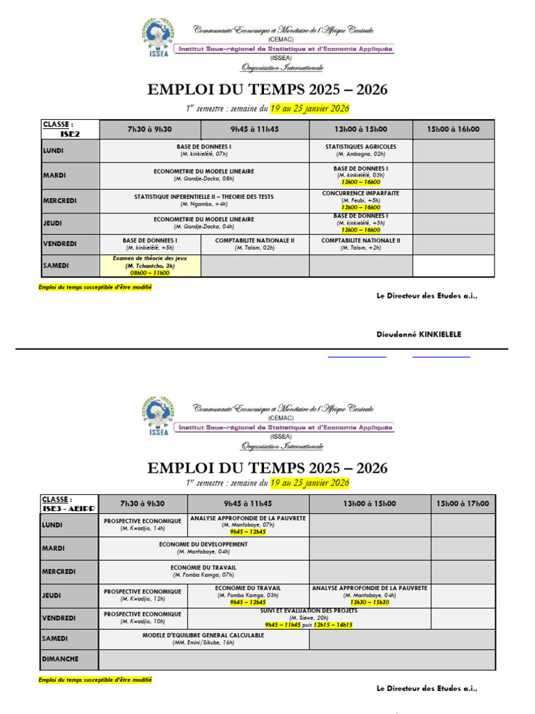 Emploi Du Temps Semestre1 Semaine Du 19 Au 25 Janvier 2026 ISE | PDF ...