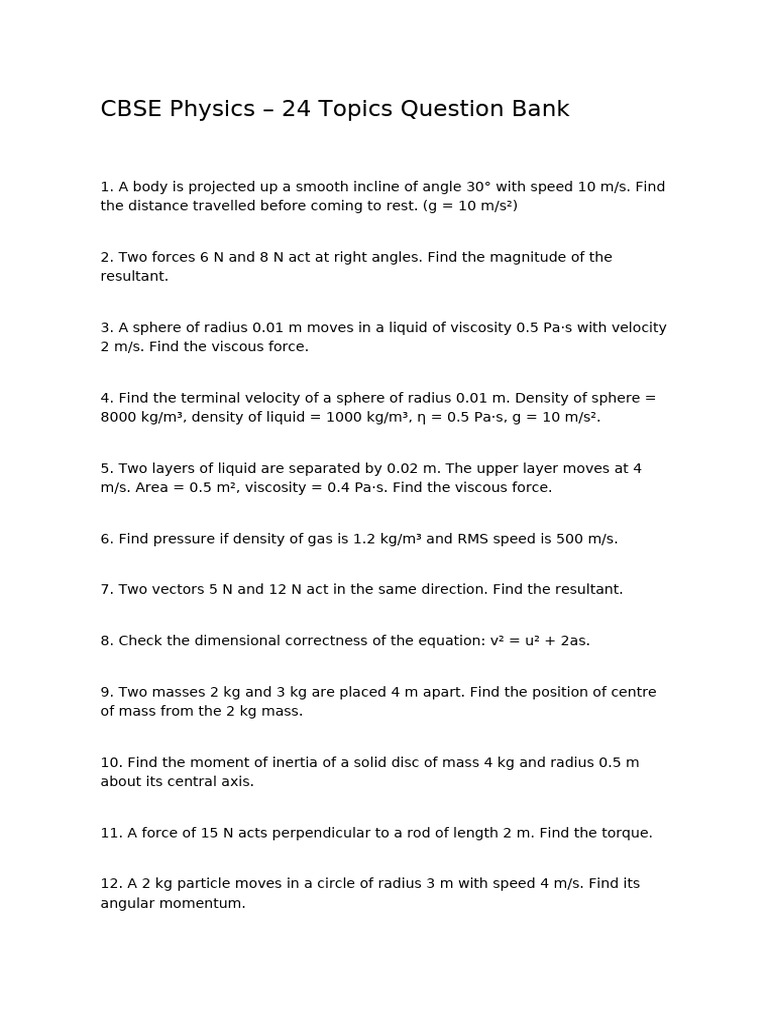 CBSE Physics 24 Topics Questions Only | PDF | Force | Viscosity