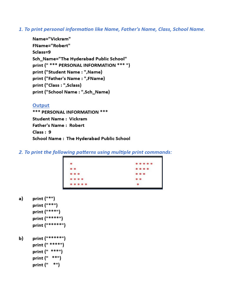 To Print Personal Information Like Name, Father's Name, Class, School ...