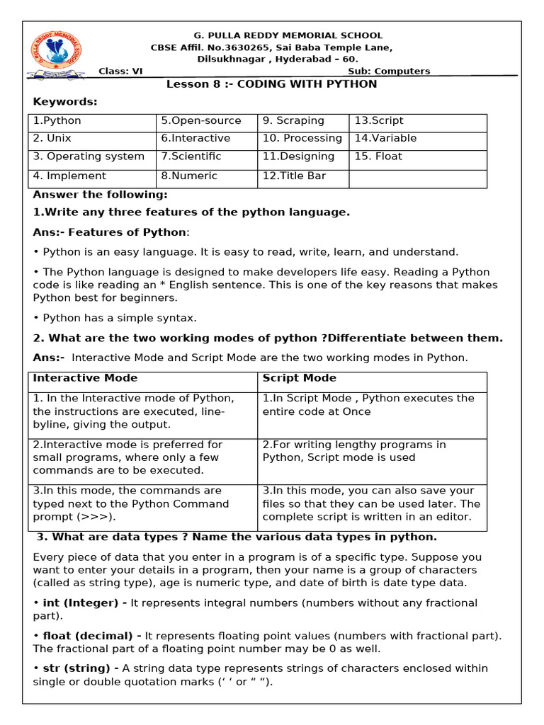 Ls - 8 CODING WITH PYTHON | PDF | Data Type | Python (Programming Language)