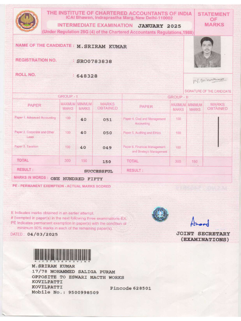 Intermediate Marksheet | PDF