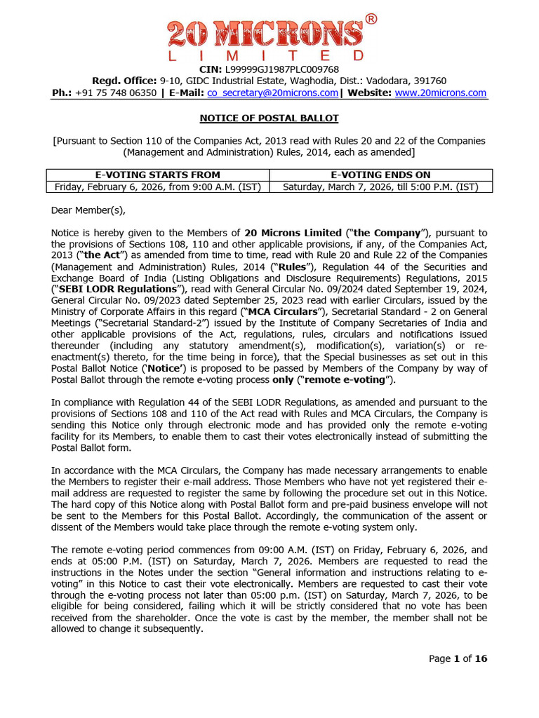 20ML Final Draft Postal Ballot Notice | PDF | Login | Electronic Voting
