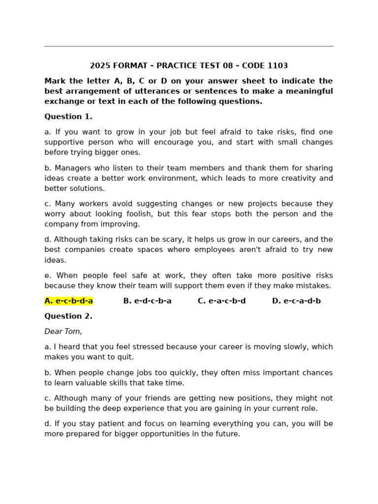 2025 Format - Practice Test 08 - Code 1103 | PDF | Sustainability ...