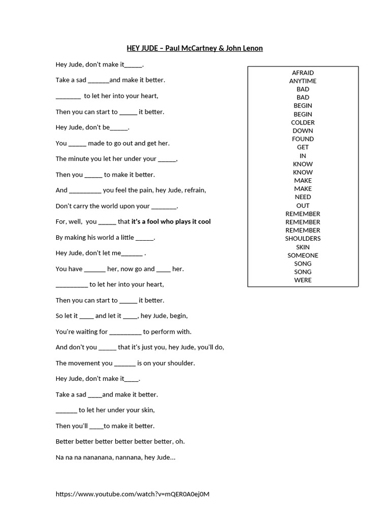 Fill in The Blancks Hey Jude - Beatles | PDF | Rock Music | Sound Recording