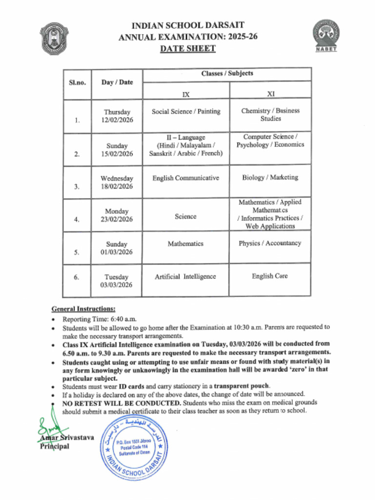 IX & XI Annual Examination Date Sheet | PDF